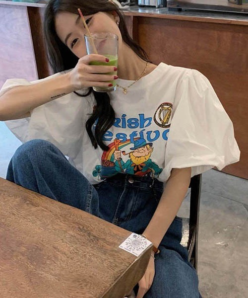 セール】パフスリーブ プリント Tシャツ（Tシャツ/カットソー