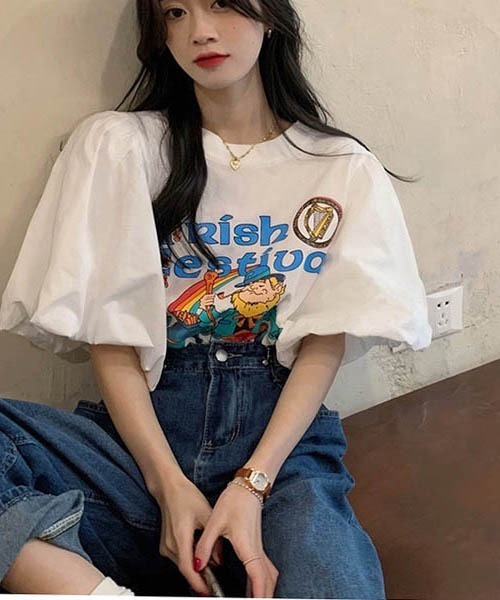 gossip！ロサンゼルス（ゴシップロサンゼルス）の「パフスリーブ　プリント Ｔシャツ（Tシャツ/カットソー・レディース・ホワイト・FREE）」の5枚目の写真