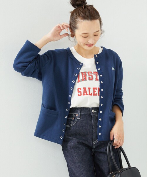 FREAK'S STORE(フリークスストア)の「TOWN CRAFT × FREAK'S STORE/タウンクラフト 別注 コンパクトカーディガン(カーディガン/ボレロ・レディース・ブラック/ネイビー/レッド/グリーン/ナチュラル/ストライプ・フリ-)」の4枚目の写真