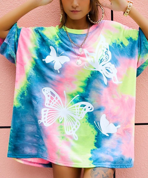 babyShoop（ベイビーシュープ）の「バタフライロゴタイダイ柄半袖TOPS（Tシャツ/カットソー・レディース・ブルー/ライトグリーン/ピンク・FREE）」の3枚目の写真