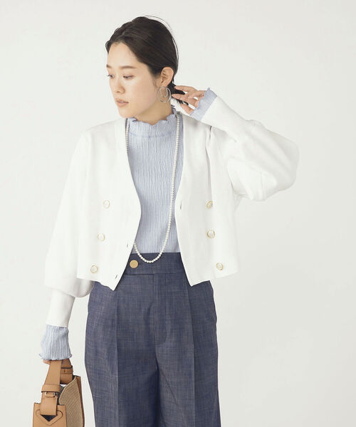 NOLLEY’S（ノーリーズ）の「《手洗い可能》片畦ダブルVネックカーディガン（カーディガン/ボレロ・レディース・ネイビー/オフホワイト/ブルー・38）」の2枚目の写真