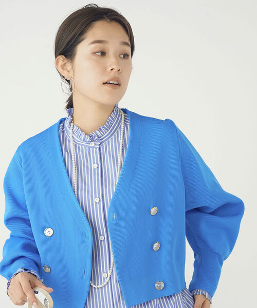 NOLLEY’S（ノーリーズ）の「《手洗い可能》片畦ダブルVネックカーディガン（カーディガン/ボレロ・レディース・ネイビー/オフホワイト/ブルー・38）」の3枚目の写真