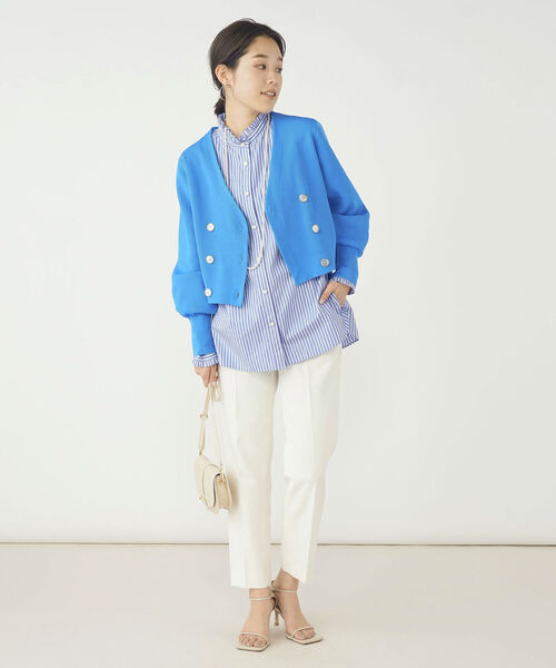 NOLLEY’S（ノーリーズ）の「《手洗い可能》片畦ダブルVネックカーディガン（カーディガン/ボレロ・レディース・ネイビー/オフホワイト/ブルー・38）」の4枚目の写真