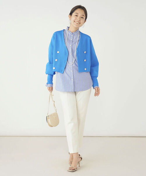 NOLLEY’S（ノーリーズ）の「《手洗い可能》片畦ダブルVネックカーディガン（カーディガン/ボレロ・レディース・ネイビー/オフホワイト/ブルー・38）」の7枚目の写真