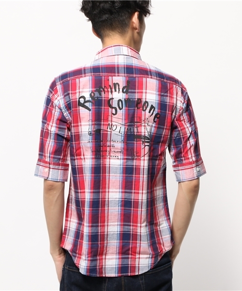 VENCEEXCHANGE（ヴァンスエクスチェンジ）の「バックプリントチェック5分シャツ             （シャツ/ブラウス・メンズ・レッド/クリアイエロー・SMALL/LARGE/MEDIUM）」の8枚目の写真