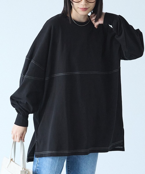 Chaco closet(チャコ クローゼット)の「オーバーサイズ配色ステッチフットボールロングTシャツ(Tシャツ/カットソー・レディース・ピンク/グリーン/オレンジ/ブラック/アイボリー・FREE)」の2枚目の写真