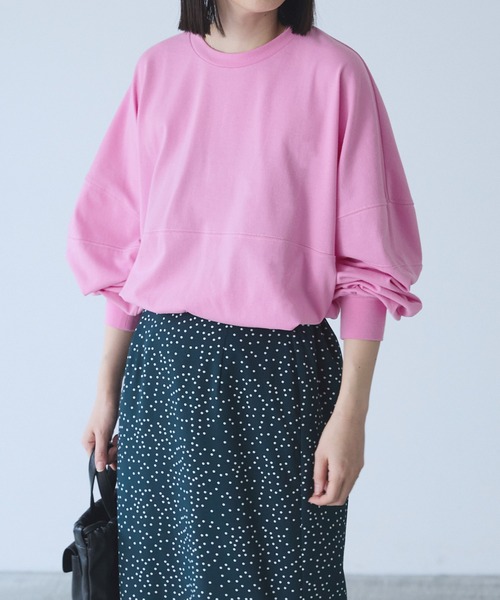 Chaco closet(チャコ クローゼット)の「オーバーサイズ配色ステッチフットボールロングTシャツ(Tシャツ/カットソー・レディース・ピンク/グリーン/オレンジ/ブラック/アイボリー・FREE)」の10枚目の写真