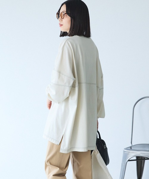 Chaco closet(チャコ クローゼット)の「オーバーサイズ配色ステッチフットボールロングTシャツ(Tシャツ/カットソー・レディース・ピンク/グリーン/オレンジ/ブラック/アイボリー・FREE)」の6枚目の写真