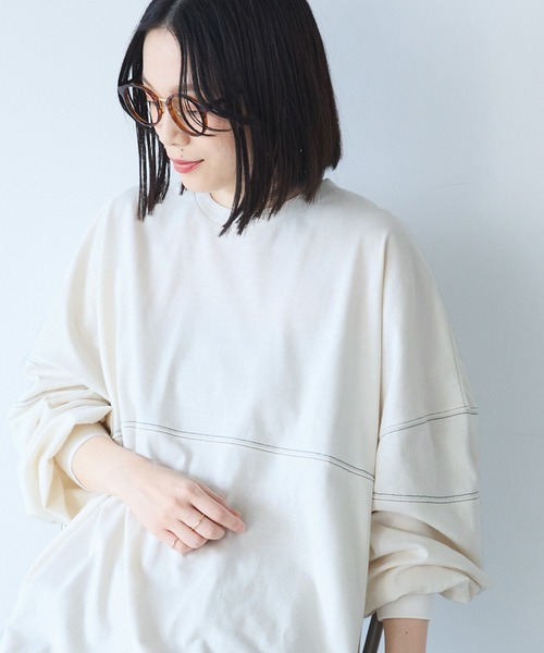 Chaco closet(チャコ クローゼット)の「オーバーサイズ配色ステッチフットボールロングTシャツ(Tシャツ/カットソー・レディース・ピンク/グリーン/オレンジ/ブラック/アイボリー・FREE)」の19枚目の写真