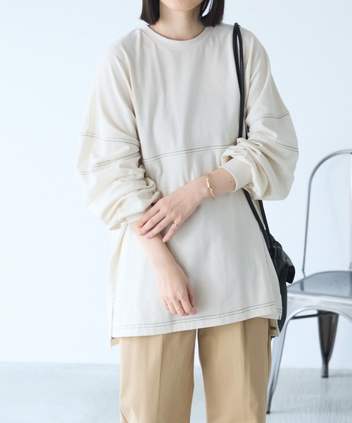 Chaco closet(チャコ クローゼット)の「オーバーサイズ配色ステッチフットボールロングTシャツ(Tシャツ/カットソー・レディース・ピンク/グリーン/オレンジ/ブラック/アイボリー・FREE)」の13枚目の写真