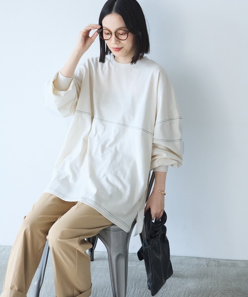 Chaco closet(チャコ クローゼット)の「オーバーサイズ配色ステッチフットボールロングTシャツ(Tシャツ/カットソー・レディース・ピンク/グリーン/オレンジ/ブラック/アイボリー・FREE)」の7枚目の写真