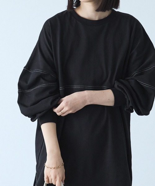Chaco closet(チャコ クローゼット)の「オーバーサイズ配色ステッチフットボールロングTシャツ(Tシャツ/カットソー・レディース・ピンク/グリーン/オレンジ/ブラック/アイボリー・FREE)」の20枚目の写真