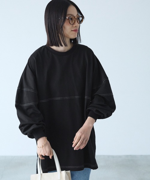 Chaco closet(チャコ クローゼット)の「オーバーサイズ配色ステッチフットボールロングTシャツ(Tシャツ/カットソー・レディース・ピンク/グリーン/オレンジ/ブラック/アイボリー・FREE)」の14枚目の写真