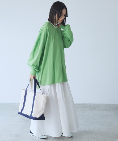 Chaco closet(チャコ クローゼット)の「オーバーサイズ配色ステッチフットボールロングTシャツ(Tシャツ/カットソー・レディース・ピンク/グリーン/オレンジ/ブラック/アイボリー・FREE)」の15枚目の写真