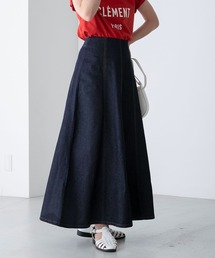配色ステッチ フレアロングデニムスカート