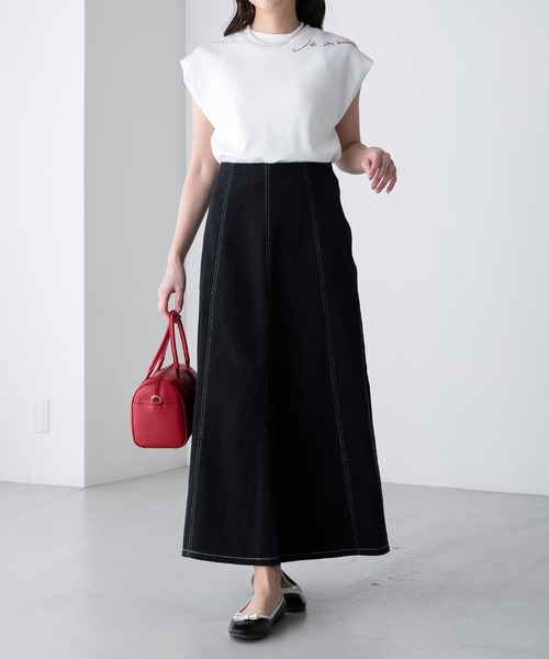 BONLECILL（ボンルシール）の「配色ステッチ フレアロングデニムスカート（デニムスカート・レディース・ブラック系/ネイビー/オフホワイト/ブラック・FREE）」の8枚目の写真