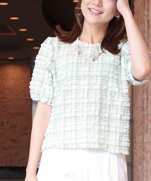 Sawa a la mode(サワアラモード)の「チェック柄ふんわり袖トップス(Tシャツ/カットソー・レディース・グリーン/ベージュ/ブラック・FREE)」の3枚目の写真