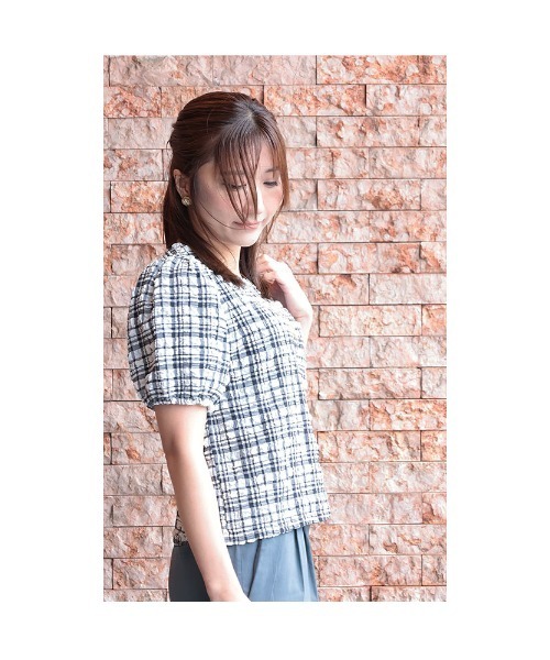 Sawa a la mode(サワアラモード)の「チェック柄ふんわり袖トップス(Tシャツ/カットソー・レディース・グリーン/ベージュ/ブラック・FREE)」の13枚目の写真