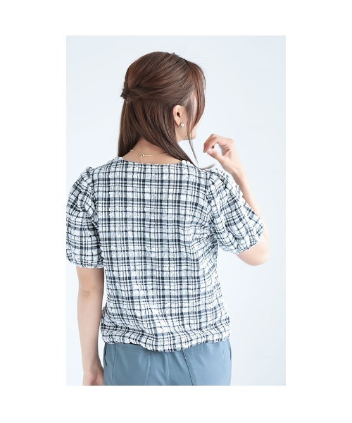 Sawa a la mode(サワアラモード)の「チェック柄ふんわり袖トップス(Tシャツ/カットソー・レディース・グリーン/ベージュ/ブラック・FREE)」の4枚目の写真