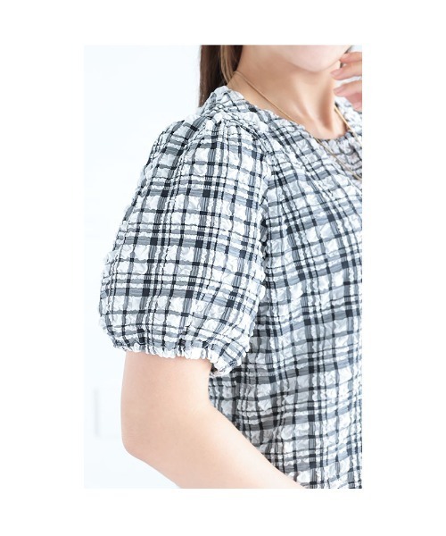 Sawa a la mode(サワアラモード)の「チェック柄ふんわり袖トップス(Tシャツ/カットソー・レディース・グリーン/ベージュ/ブラック・FREE)」の6枚目の写真