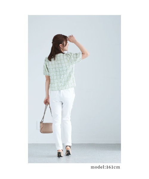 Sawa a la mode(サワアラモード)の「チェック柄ふんわり袖トップス(Tシャツ/カットソー・レディース・グリーン/ベージュ/ブラック・FREE)」の5枚目の写真