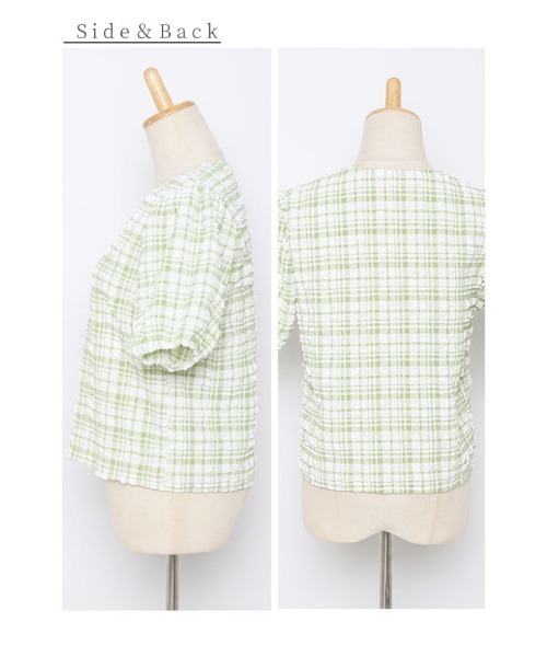 Sawa a la mode(サワアラモード)の「チェック柄ふんわり袖トップス(Tシャツ/カットソー・レディース・グリーン/ベージュ/ブラック・FREE)」の12枚目の写真