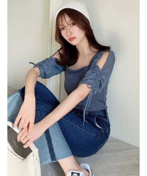 RESEXXY（リゼクシー）の「ギャザースリーブカットリブトップス（Tシャツ/カットソー・レディース・ブラック/ブルー/ホワイト/ネイビー・FREE）」の10枚目の写真