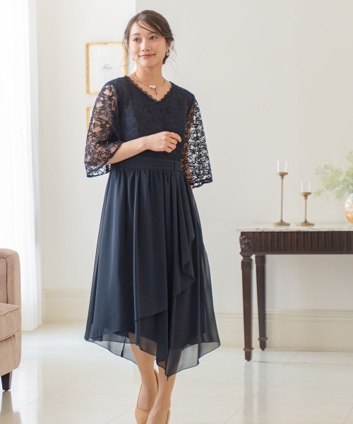 ニッセン 新品未使用品　4L Jolie et jolie ネイビーレースドレス レース使いイレギュラーヘムワンピースドレス＜大きいサイズ有