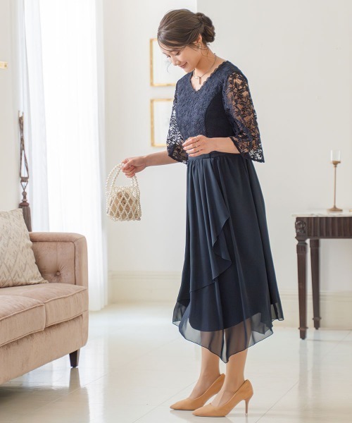 ニッセン 新品未使用品　4L Jolie et jolie ネイビーレースドレス レース使いイレギュラーヘムワンピースドレス＜大きいサイズ有