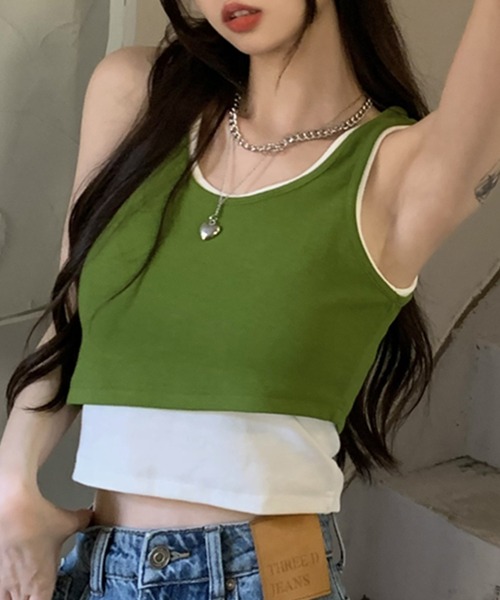 DAY CLOSET（デイ クローゼット）の「レディース レイヤード風アシメヘムリブタンクトップ（タンクトップ・レディース・グリーン/ダークグレー/ブラック・M）」の3枚目の写真