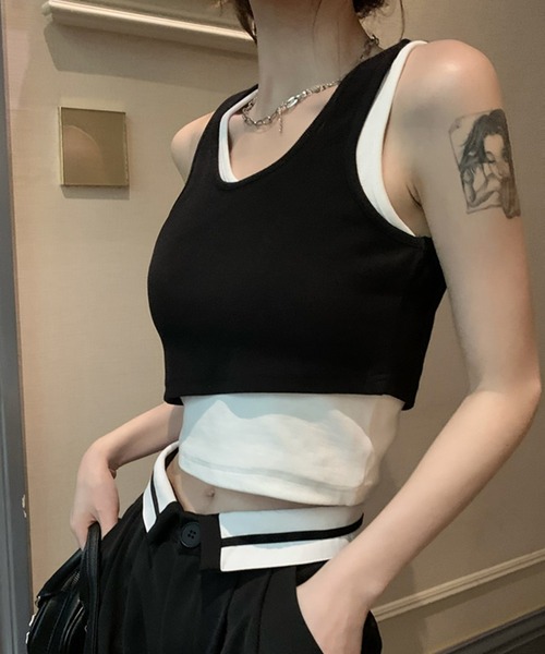 DAY CLOSET（デイ クローゼット）の「レディース レイヤード風アシメヘムリブタンクトップ（タンクトップ・レディース・グリーン/ダークグレー/ブラック・M）」の5枚目の写真