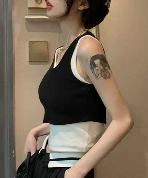 DAY CLOSET（デイ クローゼット）の「レディース レイヤード風アシメヘムリブタンクトップ（タンクトップ・レディース・グリーン/ダークグレー/ブラック・M）」の6枚目の写真