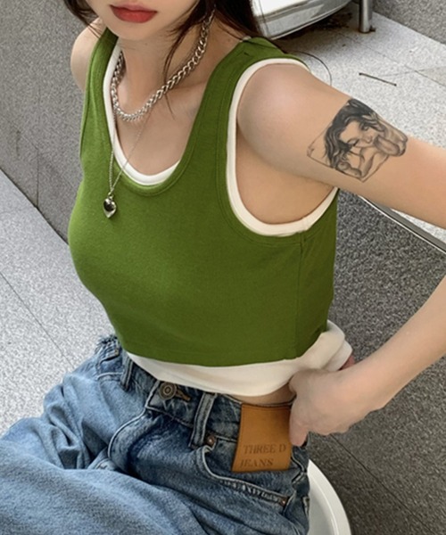 DAY CLOSET（デイ クローゼット）の「レディース レイヤード風アシメヘムリブタンクトップ（タンクトップ・レディース・グリーン/ダークグレー/ブラック・M）」の13枚目の写真