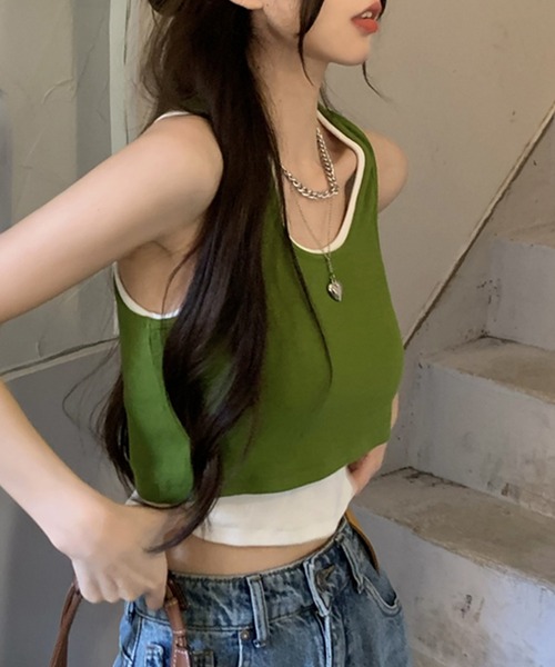 DAY CLOSET（デイ クローゼット）の「レディース レイヤード風アシメヘムリブタンクトップ（タンクトップ・レディース・グリーン/ダークグレー/ブラック・M）」の14枚目の写真
