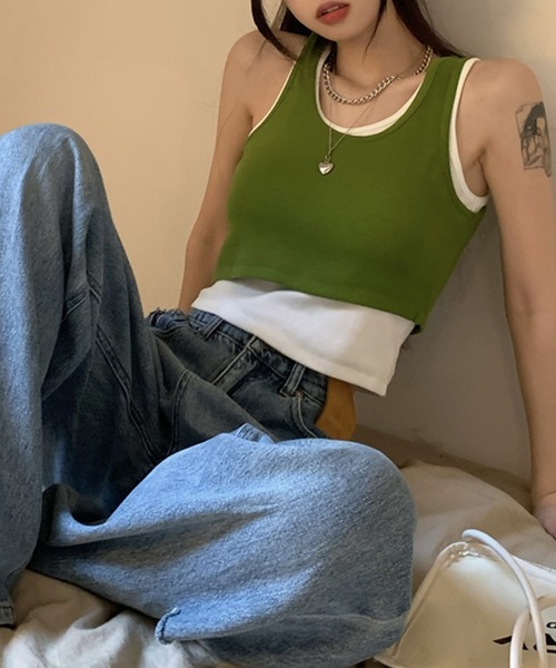 DAY CLOSET（デイ クローゼット）の「レディース レイヤード風アシメヘムリブタンクトップ（タンクトップ・レディース・グリーン/ダークグレー/ブラック・M）」の15枚目の写真