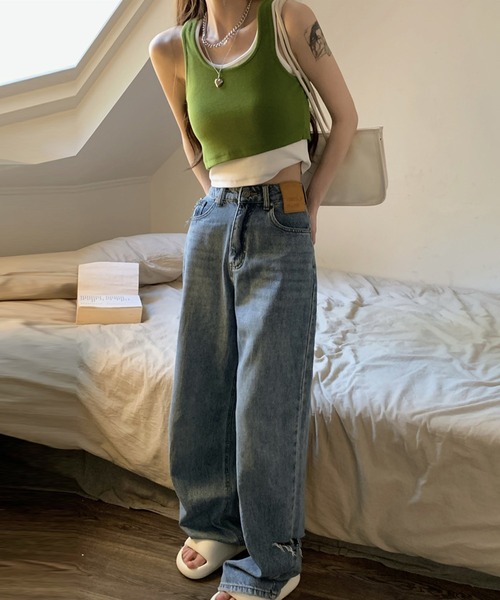 DAY CLOSET（デイ クローゼット）の「レディース レイヤード風アシメヘムリブタンクトップ（タンクトップ・レディース・グリーン/ダークグレー/ブラック・M）」の16枚目の写真