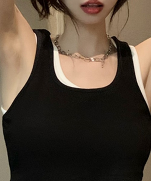 DAY CLOSET（デイ クローゼット）の「レディース レイヤード風アシメヘムリブタンクトップ（タンクトップ・レディース・グリーン/ダークグレー/ブラック・M）」の18枚目の写真