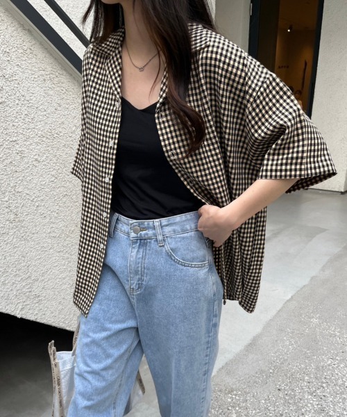 nemne store（ネンネストア）の「【低身長用サイズあり】開襟オーバー柄シャツ（シャツ/ブラウス・レディース・グレー/ミント/ベージュ・SMALL/MEDIUM）」の4枚目の写真
