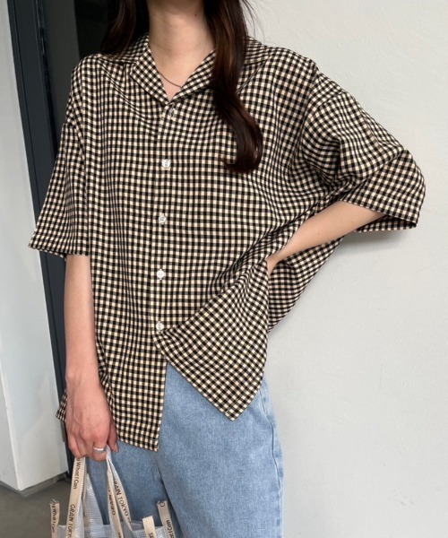 nemne store（ネンネストア）の「【低身長用サイズあり】開襟オーバー柄シャツ（シャツ/ブラウス・レディース・グレー/ミント/ベージュ・SMALL/MEDIUM）」の7枚目の写真