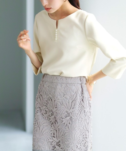 WHITE JOOLA(ホワイトジョーラ)の「【 装いを格上げする華やぎスカート 】スカラップレースロングタイトスカート(スカート・レディース・ブラック/オフホワイト/グレイッシュベージュ/ターコイズブルー/ネイビー/グリーン/スモークピンク/チャコールグレー/ベージュ/ブラウン/サックスブルー・S/M/L)」の16枚目の写真