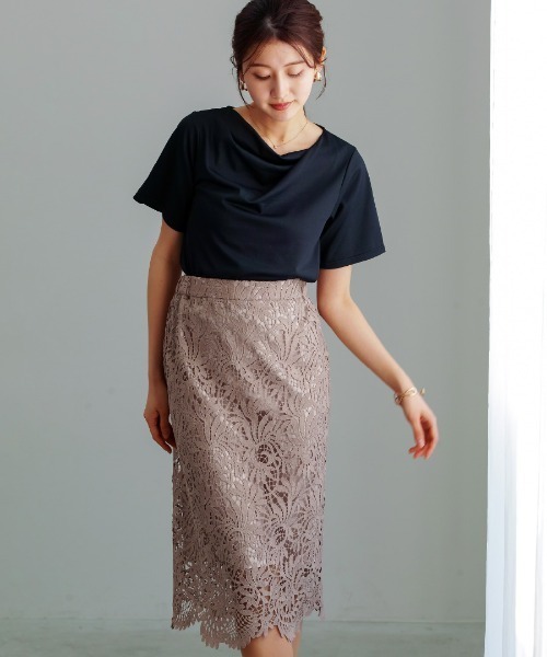 WHITE JOOLA(ホワイトジョーラ)の「【 装いを格上げする華やぎスカート 】スカラップレースロングタイトスカート(スカート・レディース・ブラック/オフホワイト/グレイッシュベージュ/ターコイズブルー/ネイビー/グリーン/スモークピンク/チャコールグレー/ベージュ/ブラウン/サックスブルー・S/M/L)」の17枚目の写真