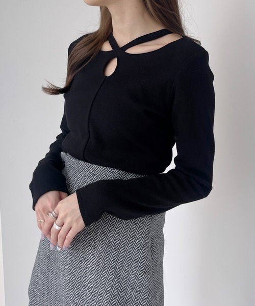 【完売品】シャーリングネックカットソー ＜Pink with BLACK＞ GU（ジーユー）の「シャーリングネックブラウス(長袖)Z+X（長袖