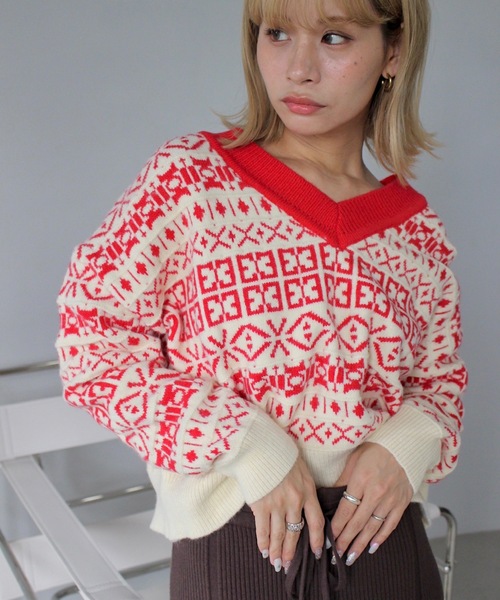 SANSeLF（サンセルフ）の「バイカラーパターンVネックニット【SANSeLF】sanw24a003（ニット/セーター・レディース・ブルー/グリーン/レッド・FREE）」の20枚目の写真