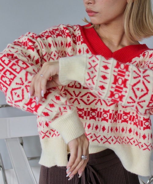 SANSeLF（サンセルフ）の「バイカラーパターンVネックニット【SANSeLF】sanw24a003（ニット/セーター・レディース・ブルー/グリーン/レッド・FREE）」の21枚目の写真