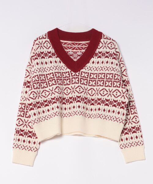 SANSeLF（サンセルフ）の「バイカラーパターンVネックニット【SANSeLF】sanw24a003（ニット/セーター・レディース・ブルー/グリーン/レッド・FREE）」の9枚目の写真