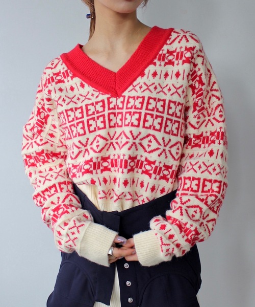 SANSeLF（サンセルフ）の「バイカラーパターンVネックニット【SANSeLF】sanw24a003（ニット/セーター・レディース・ブルー/グリーン/レッド・FREE）」の17枚目の写真