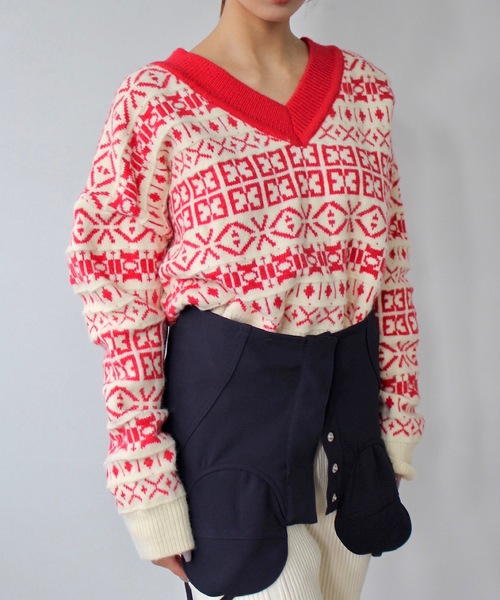 SANSeLF（サンセルフ）の「バイカラーパターンVネックニット【SANSeLF】sanw24a003（ニット/セーター・レディース・ブルー/グリーン/レッド・FREE）」の18枚目の写真