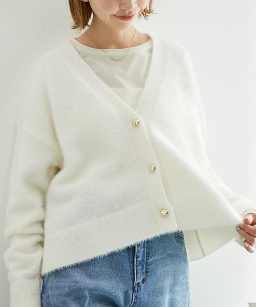 ROPE' PICNIC（ロペピクニック）の「ガラスヤーンハートボタンクルーネックカーディガン（カーディガン/ボレロ・レディース・ブルー系その他4/ピンク/オフホワイト・38）」の8枚目の写真