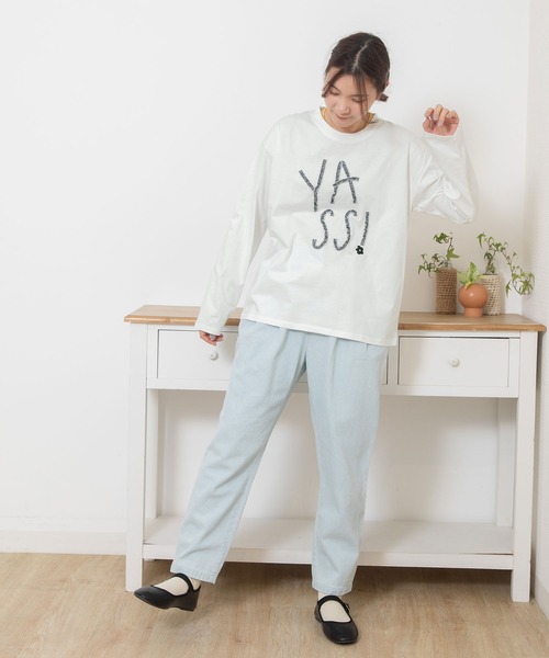 POU DOU DOU（プードゥドゥ）の「YASS ギャザーテープロゴロンTee（Tシャツ/カットソー・レディース・オフホワイト/ライトイエロー/ブルー・3）」の8枚目の写真