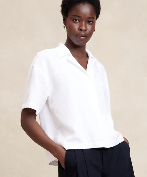 90s BananaRepublic リネン100% S/S シャツ ストライプ Banana Republic - BANANAREPUBLIC ストライプ長袖シャツの通販